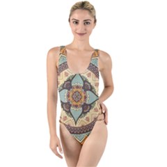 Mandala Floral Decorative Flower High Leg Strappy Swimsuit by Maspions