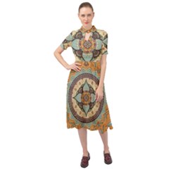 Mandala Floral Decorative Flower Keyhole Neckline Chiffon Dress