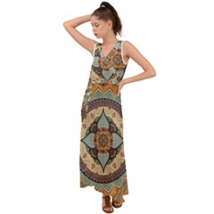 Mandala Floral Decorative Flower V-neck Chiffon Maxi Dress