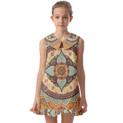 Mandala Floral Decorative Flower Kids  Pilgrim Collar Ruffle Hem Dress