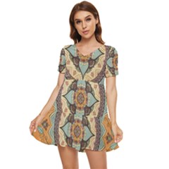 Mandala Floral Decorative Flower Tiered Short Sleeve Babydoll Dress