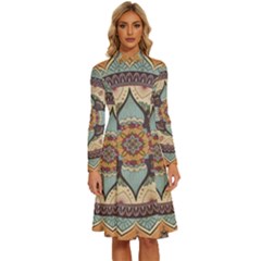 Mandala Floral Decorative Flower Long Sleeve Shirt Collar A-line Dress