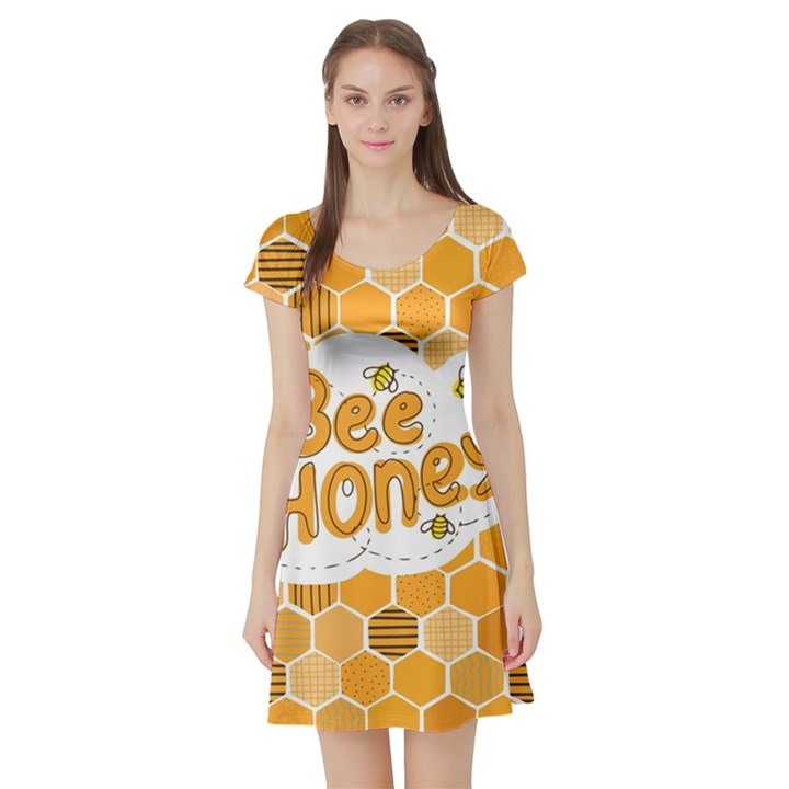 Bee Honey Honeycomb Hexagon Short Sleeve Skater Dress