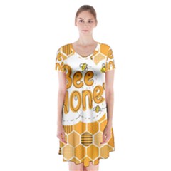 Bee Honey Honeycomb Hexagon Short Sleeve V-neck Flare Dress