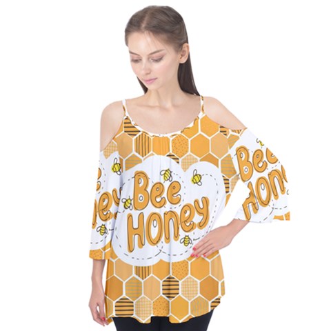 Bee Honey Honeycomb Hexagon Flutter Sleeve T-shirt  by Maspions