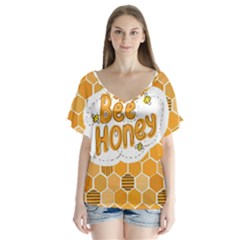 Bee Honey Honeycomb Hexagon V-neck Flutter Sleeve Top