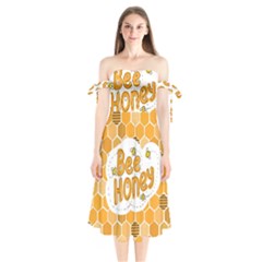 Bee Honey Honeycomb Hexagon Shoulder Tie Bardot Midi Dress by Maspions