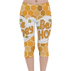 Bee Honey Honeycomb Hexagon Velvet Capri Leggings 