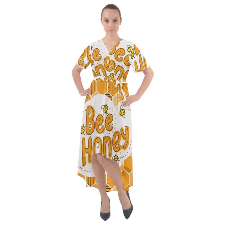 Bee Honey Honeycomb Hexagon Front Wrap High Low Dress