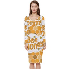 Bee Honey Honeycomb Hexagon Long Sleeve V-neck Bodycon Dress 