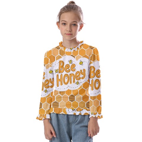 Bee Honey Honeycomb Hexagon Kids  Frill Detail T-shirt by Maspions