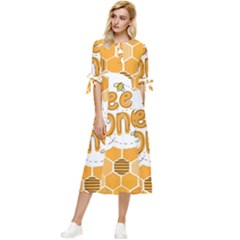 Bee Honey Honeycomb Hexagon Bow Sleeve Chiffon Midi Dress by Maspions