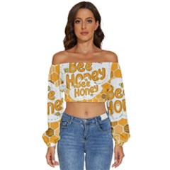 Bee Honey Honeycomb Hexagon Long Sleeve Crinkled Weave Crop Top