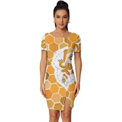 Bee Honey Honeycomb Hexagon Fitted Knot Split End Bodycon Dress by Maspions