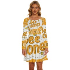 Bee Honey Honeycomb Hexagon Long Sleeve Wide Neck Velvet Dress