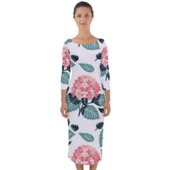 Flowers Hydrangeas Quarter Sleeve Midi Bodycon Dress