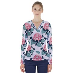 Flowers Hydrangeas V-neck Long Sleeve Top