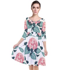 Flowers Hydrangeas Quarter Sleeve Waist Band Dress