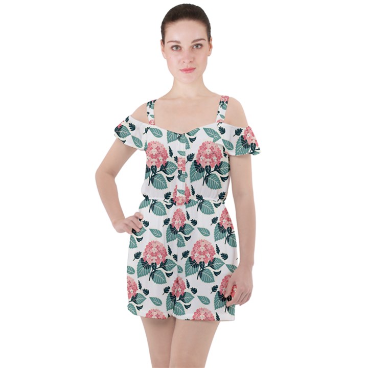 Flowers Hydrangeas Ruffle Cut Out Chiffon Playsuit