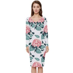 Flowers Hydrangeas Long Sleeve V-neck Bodycon Dress 