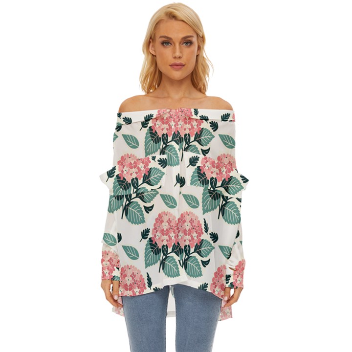 Flowers Hydrangeas Off Shoulder Chiffon Pocket Shirt