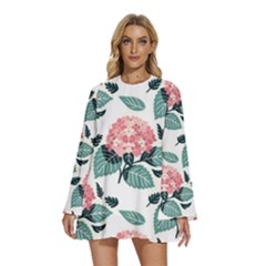 Flowers Hydrangeas Round Neck Long Sleeve Bohemian Style Chiffon Mini Dress by Maspions