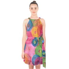 Colorful Abstract Patterns Halter Collar Waist Tie Chiffon Dress