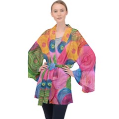 Colorful Abstract Patterns Long Sleeve Velvet Kimono  by Maspions