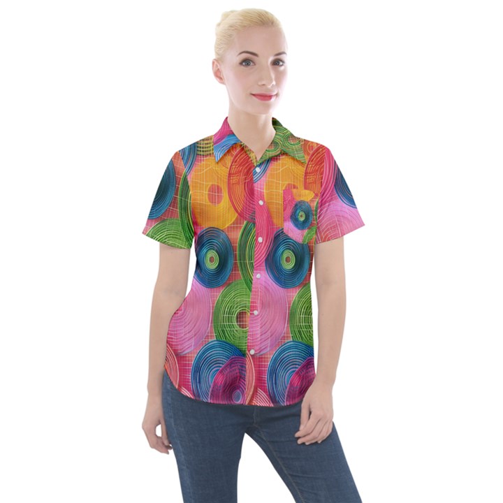 Colorful Abstract Patterns Women s Short Sleeve Pocket Shirt