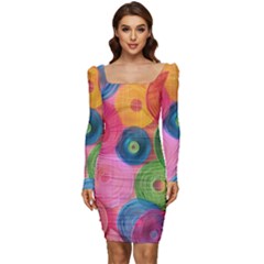 Colorful Abstract Patterns Women Long Sleeve Ruched Stretch Jersey Dress