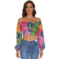 Colorful Abstract Patterns Long Sleeve Crinkled Weave Crop Top