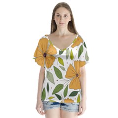 Flower Petal Plant Leaves V-neck Flutter Sleeve Top