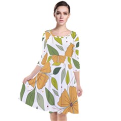 Flower Petal Plant Leaves Quarter Sleeve Waist Band Dress