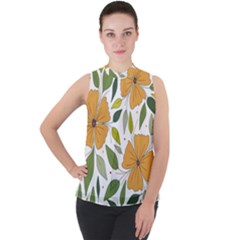 Flower Petal Plant Leaves Mock Neck Chiffon Sleeveless Top