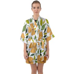 Flower Petal Plant Leaves Half Sleeve Satin Kimono 