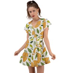 Flower Petal Plant Leaves Flutter Sleeve Wrap Dress