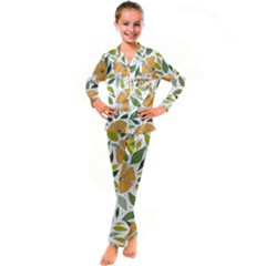 Flower Petal Plant Leaves Kids  Satin Long Sleeve Pajamas Set