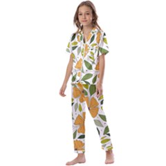 Flower Petal Plant Leaves Kids  Satin Short Sleeve Pajamas Set