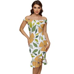 Flower Petal Plant Leaves Off Shoulder Ruffle Split Hem Bodycon Dress