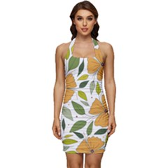 Flower Petal Plant Leaves Sleeveless Wide Square Neckline Ruched Bodycon Dress