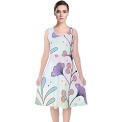 Flower Paint Flora Nature Plant V-neck Midi Sleeveless Dress 