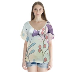 Flower Paint Flora Nature Plant V-neck Flutter Sleeve Top