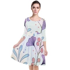 Flower Paint Flora Nature Plant Quarter Sleeve Waist Band Dress