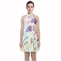 Flower Paint Flora Nature Plant Velvet Halter Neckline Dress  by Maspions