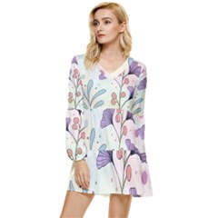 Flower Paint Flora Nature Plant Tiered Long Sleeve Mini Dress