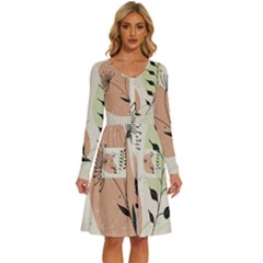 Flora Floral Flower Nature Plant Doodle Long Sleeve Dress With Pocket