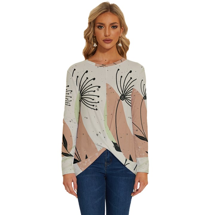 Flora Floral Flower Nature Plant Doodle Long Sleeve Crew Neck Pullover Top