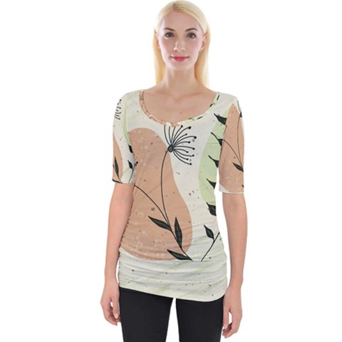 Flora Floral Flower Nature Plant Doodle Wide Neckline T-shirt by Maspions