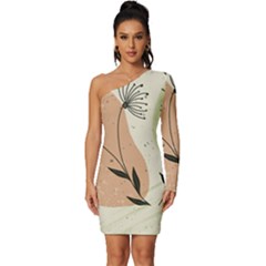 Flora Floral Flower Nature Plant Doodle Long Sleeve One Shoulder Mini Dress by Maspions