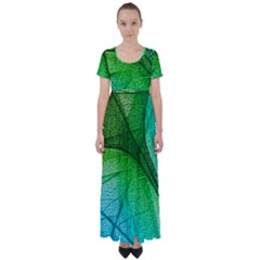 3d Leaves Texture Sheet Blue Green High Waist Short Sleeve Maxi Dress by Cemarart